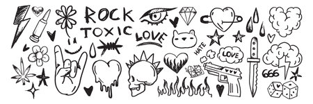 Doodle grunge rock set, vector hand drawn graffiti groovy punk print kit, emo gothic heart sign. Marker scribble sticker, crayon wax paint collage icon, gun, fire, knife, stars. Street grunge doodleのイラスト素材