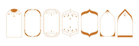 Boho frame arch set, vintage line mystic border, minimal modern star arch art deco collection. Mystic simple bohemian design element, fashion esoteric celestial ornament. Boho frame abstract windowのイラスト素材