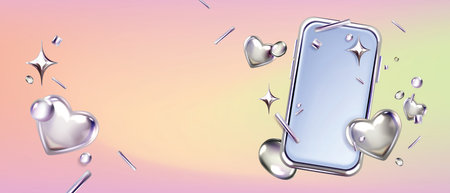 Y2k 3D smartphone confetti banner, vector chrome cellphone screen advertisement flyer, heart, stars....