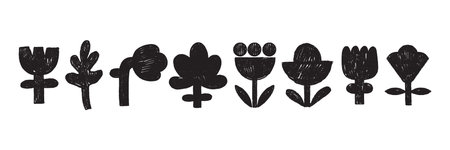 Naive organic abstract flowers set, hand drawn doodle floral elements, vector texture shapes kit. Childish decorative natural spring matisse collection, scribble black botanical print. Naive flowerのイラスト素材
