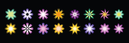 Y2k blur flower set, vector gradient futuristic shapes, cute aura retro groovy star color stickers. Trendy pastel brutalism forms, blend fluid effect, soft minimalistic collection. Blur flowers kitのイラスト素材