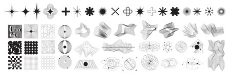 Retro futuristic abstract shapes set, vector cyberpunk grid design element, wave lines, star, sphere. Future digital space wireframe icon kit, techno modern vibrant object poster. Futuristic shapesのイラスト素材