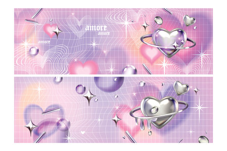 Y2k blur gradient heart background, love futuristic poster, vector trendy chrome 3D shapes grid. Abstract romantic aesthetic Valentine Day holiday banner, silver heart, 2000s party. Y2k backgroundのイラスト素材