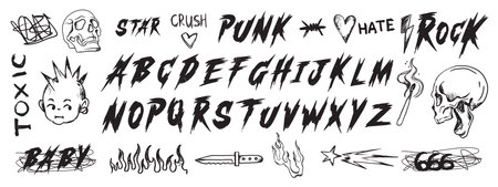 Rock grunge font print, punk y2k metal music lettering kit, vector gothic dark tattoo typography. Handwritten scary calligraphy, vintage music poster typeface, doodle skull. Rock font letter designのイラスト素材