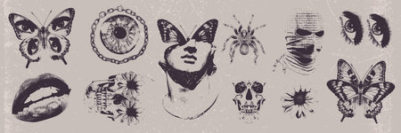 Futuristic retro photocopy object set, vector surrealism contemporary sticker design, lips, eyes. Grunge noise monochrome tattoo, contemporary surreal art brutalism aesthetic. Futuristic retro effectのイラスト素材