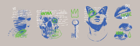 Abstract photocopy effect collage set, vector grunge texture negative retro futuristic print kit. Surrealism contemporary pop art, scribble doodle background, lips, eyes, skull. Photocopy printのイラスト素材