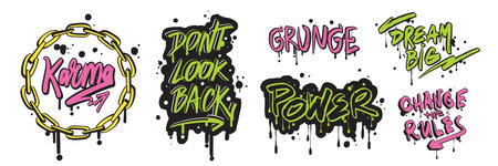 Urban graffiti lettering sticker set, vector street culture sign print, splatter freehand grunge. Underground city wall type, modern color calligraphy, gangster crime aesthetic. Urban funky graffitiのイラスト素材