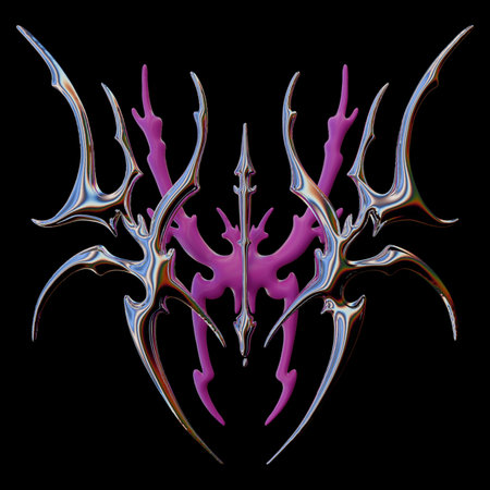 Neo tribal 3D shape, y2k acid gothic chrome ornament, abstract dark silver glossy symmetry form....