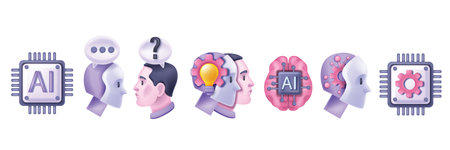 3D AI technology icon set innovation process artificial intelligence pictogram vector digital...