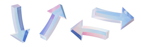 3D glass arrow set, render holographic pointer kit, curved direction up down trend shape design....