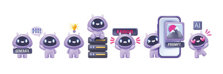 3D AI chat bot icon set, vector cute cartoon artificial intelligence online support robot character....