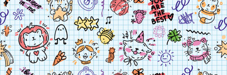 Kids doodle seamless pattern, vector back to school cartoon scribble texture, cute kitten, star. Children kindergarten hand drawn copybook sheet grid, funny colorful baby textile. Kids doodle printの写真素材