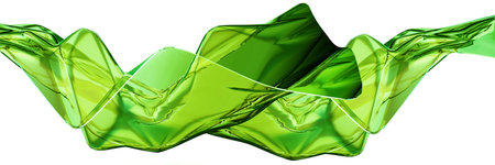 3D green glass wave, gradient shape render, curved liquid abstract holographic plastic object. Modern futuristic flying swirl banner, trendy dynamic glossy design element. Realistic vibrant 3D waveの写真素材