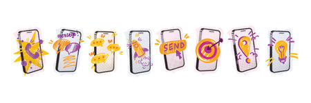 Halftone smartphone collage set, phone screen vector communication business doodle, message screen....