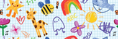 Kids doodle seamless pattern, back to school vector cartoon scribble texture, naive flower, star. Children kindergarten hand drawn copybook sheet grid, funny colorful baby textile. Kids doodle printの写真素材