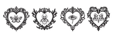 Gothic heart frame set, floral swirl, vector baroque border vintage classic dark antique ornament. Victorian love mystic tattoo, elegant magic decoration skull, butterfly. Halloween gothic frame kitのイラスト素材
