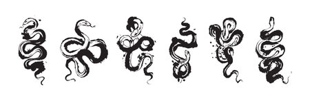 Asian snake collection, reptile brushstroke tattoo, vector Japanese 2025 New Year decoration symbol....
