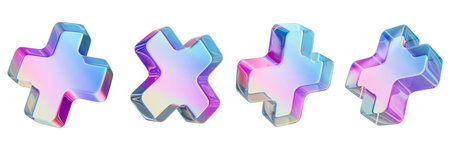 3D glass cross icon set, crystal plus gradient render collection, holographic abstract figure kit. Modern pharmacy medical help sign, retro futuristic transparent material objects. Glass cross clipartの写真素材