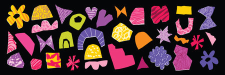 Collage torn paper set, hand drawn colorful cut note vector piece, pencil squiggle, flower, heart....