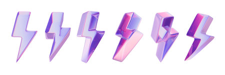 3D lightning icon set, purple neon retro futuristic chromatic bolt sign, gradient trendy thunder...