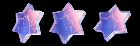 3D glass star icon set, crystal transparent cosmic shape, y2k futuristic ice geometric object....