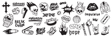 Rock music doodle icon set, grunge punk tattoo, vector hand drawn dark scribble sticker, skull, lips. Gothic emo ink line object, fire flame, urban subculture leather jacket. Hard rock doodle, crossのイラスト素材