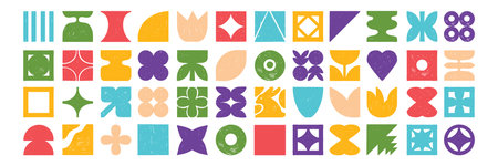 Geometric tile icon set, brutal shapes, vector hand drawn retro futuristic flowers flat collage...