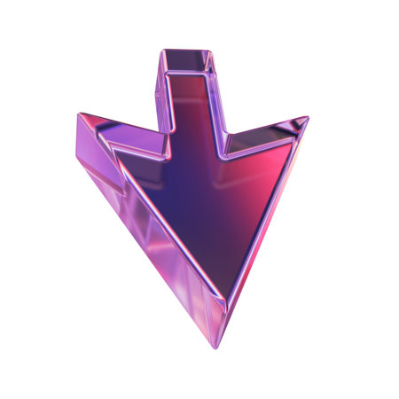 3D glass arrow icon, purple transparent UI crystal cursor, y2k glossy direction emblem, pointer. Game interface pictogram, website click navigation shape, modern web button. 3D arrow direction signの写真素材