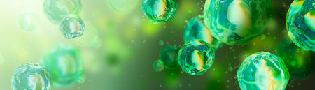 3D medical green cell background, flora organic structure biological virus microscope render. Stem...