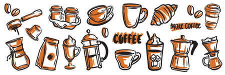 Coffee doodle icon set, hand drawn hot beverage ink collection, vector line cafe sketch sticker. Espresso latte cup, cute menu bar drink object kit, mug, pot, arabica package. Coffee doodle breakfastのイラスト素材