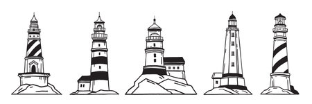 Lighthouse icon set, navigation tower sea collection, vector ocean seashore building illustration. Nautical lamp sticker kit, black marine logotype, architecture travel symbol. Line lighthouse iconのイラスト素材