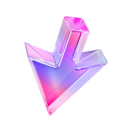 3D glass arrow icon, crystal UI transparent cursor, y2k glossy direction purple emblem, pointer. Game interface pictogram, website click navigation shape, modern web button. 3D arrow direction signの写真素材