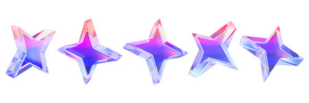 3D glass star icon set, crystal futuristic cosmic abstract shapes, brutal y2k fluid shiny object kit. Glossy gradient transparent forms, space minimal modern cross angle render. 3D reward purple starの写真素材