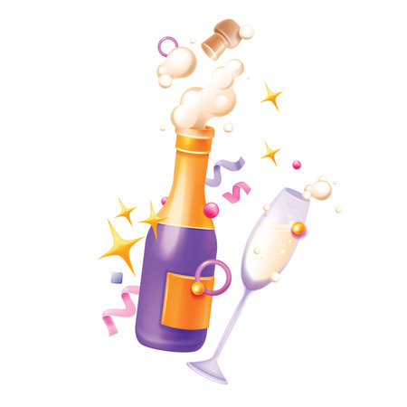 3D champagne bottle wine glass, vector holiday celebration concept, open sparkling beverage clipart. New Year party alcoholic drinks, confetti, bubbles, stars birthday gift card. 3D champagne designのイラスト素材