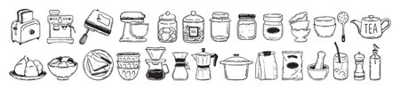Cooking icon set, vector home kitchen utensil doodle collection, hand drawn food object line art kit. Eatery appliances, toaster, breakfast coffee, tea pot, mug, bowl, bottle. Cafe kitchen icon printのイラスト素材