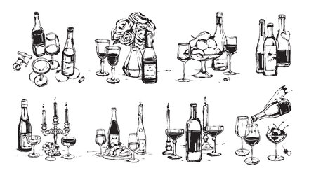 Romantic wine bottle illustration set, vector hand drawn ink Italian date champagne glass print. Elegant alcohol drinks design, wedding menu print kit beverages aesthetic poster. Valentine wine bottleのイラスト素材