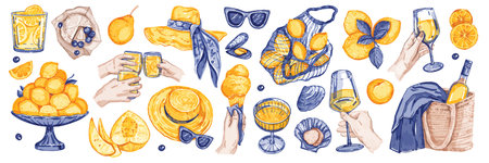 Summer picnic watercolor illustration set, vector hand drawn wine glass print, fresh lemonade, fruit. Italian mediterranean vacation sticker, sun hat, Amalfi ice cream, alcohol cocktail. Summer picnicの写真素材