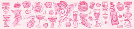 Valentine day beverages illustration set, bachelorette girl party, vector watercolor cupid angel. Woman hand martini glass, sparkling wine, alcohol cocktail drinks, sweet food. Valentine day printの写真素材