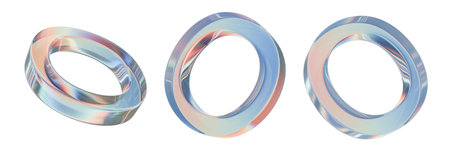 3D glass ring set, blue glossy plastic geometric shape, transparent retro futuristic flying circle. Acrylic translucent abstract form, crystal violet design different angles figure. 3D glass iconの写真素材