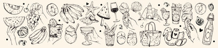 Summer fresh fruit beverages doodle set, vector hand drawn tropical drinks, beach refreshment sketch. Exotic jungle cocktail, watermelon slice, hand with ice cream cone, lemonade. Summer cocktail kitのイラスト素材