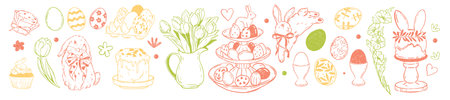 Easter doodle illustration set, vector hand drawn holiday bunny, traditional colorful egg, tulip. Spring celebration food, festive cake, ribbon bow, cute baby rabbit flower bouquet. Easter doodle iconのイラスト素材