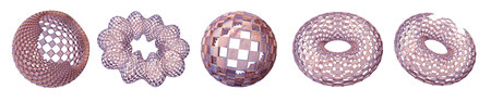 3D futuristic abstract shape set, crystal checkered cyber geometric figure, vibrant glossy sphere. Science fiction technology modern circle plastic material particle forms design. 3D futuristic renderの写真素材