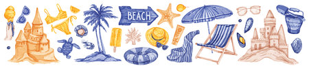 Watercolor summer beach set, vacation ocean coast hand drawn vector sticker, sand castle, umbrella. Mediterranean leisure weekend design element, palm, chair, sea shore element. Summer beach printの写真素材