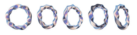 3D curved chrome rings collection, silver metallic futuristic circle shape, cosmic mercury object. Trendy cyber round spiral set, modern chromatic iron surreal geometric form. Wavy chrome ring designの写真素材
