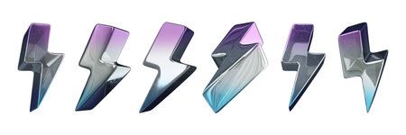 3D chrome lightning icon set, retro futuristic metallic neon bolt sign steel gradient trendy thunder. Y2k silver geometric energy shape, flash light electricity arrow danger sign. Energy 3D lightningの写真素材
