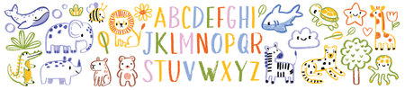 Kids doodle animal set, vector handwriting scribble alphabet, childish naive jungle character kit. ABC kindergarten print brushstroke texture, cute cartoon mammals, funny children design. Kids doodleの写真素材