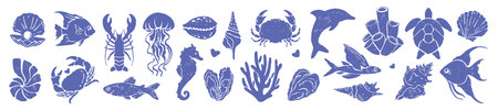 Marine life print set, vector ocean animals graphic, summer beach coastal hand drawn nature shape. Underwater animal silhouette doodle water nautical stamp, fish, shell, crab, conch. Marine print iconのイラスト素材