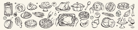 Autumn traditional food icon, thanksgiving day holiday table hand drawn doodle line illustration set. Harvest fall pumpkin, celebration turkey, dessert pie, November eatery design element. Autumn foodのイラスト素材