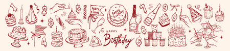 Birthday party doodle illustration set, hand drawn holiday decoration icon, festive cake dessert. Vector whimsical dinner object champagne drinks, anniversary festive candle pie. Birthday doodle printのイラスト素材