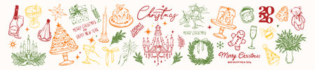 Christmas doodle whimsical illustration set, 2026 New Year holiday dinner table decoration graphic. Hand drawn winter pine tree wreath, celebration cake champagne glass. Christmas doodle design objectのイラスト素材